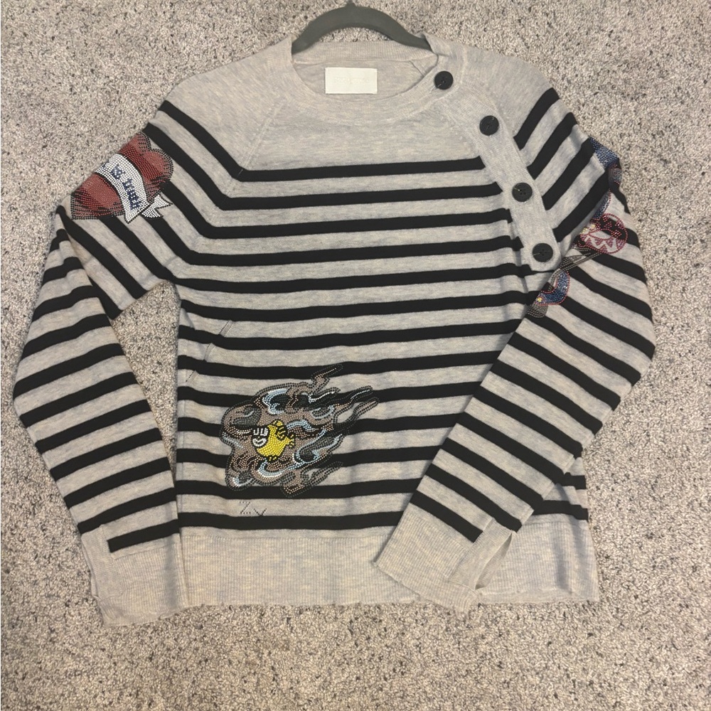 Zadig & Voltaire Gray and Black Striped Sweater with Patches
